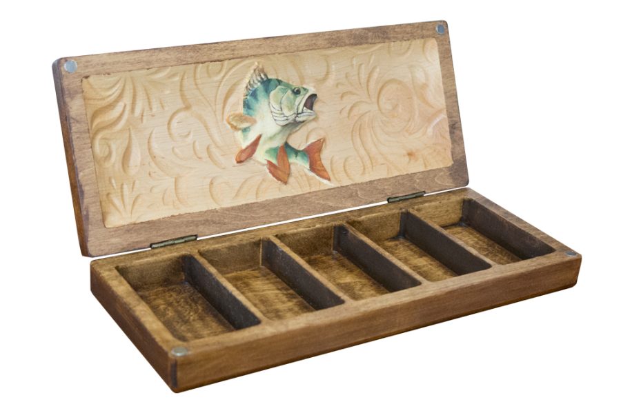 Wooden lure box with a bas-relief depicting a perch